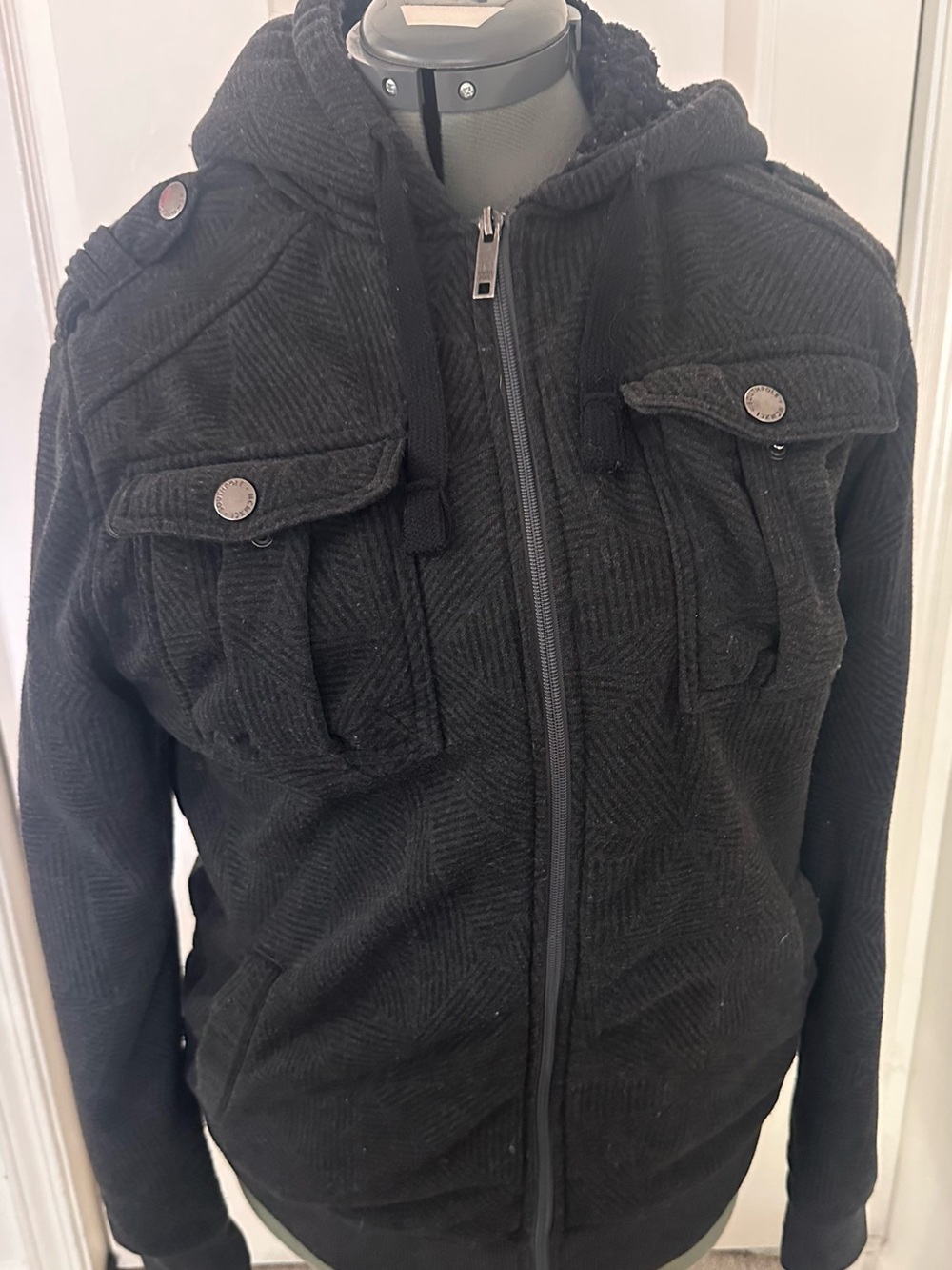Men's Black Quilted Hooded Zip Jacket